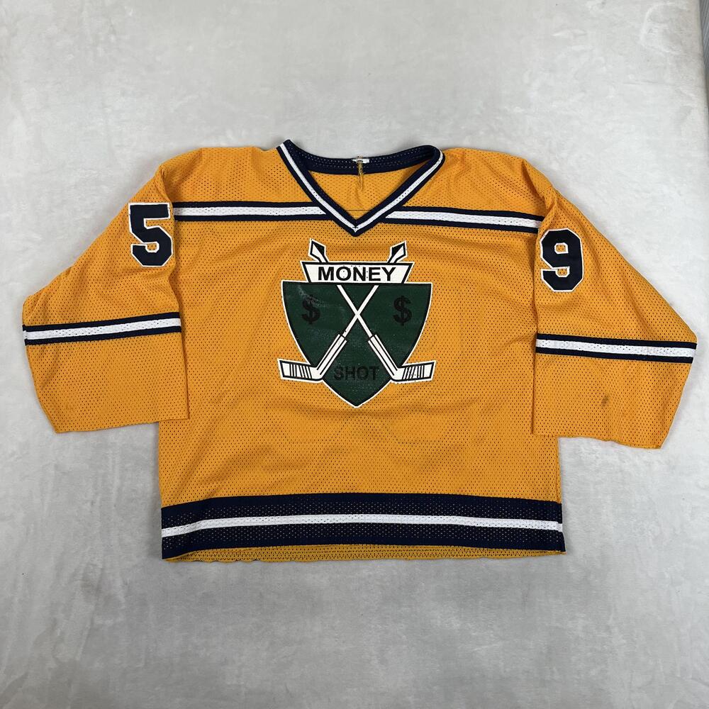 Vintage Money Shot Hockey Jersey Cropped Shirt Mens M/L Gold 3/4 Sleeve READ